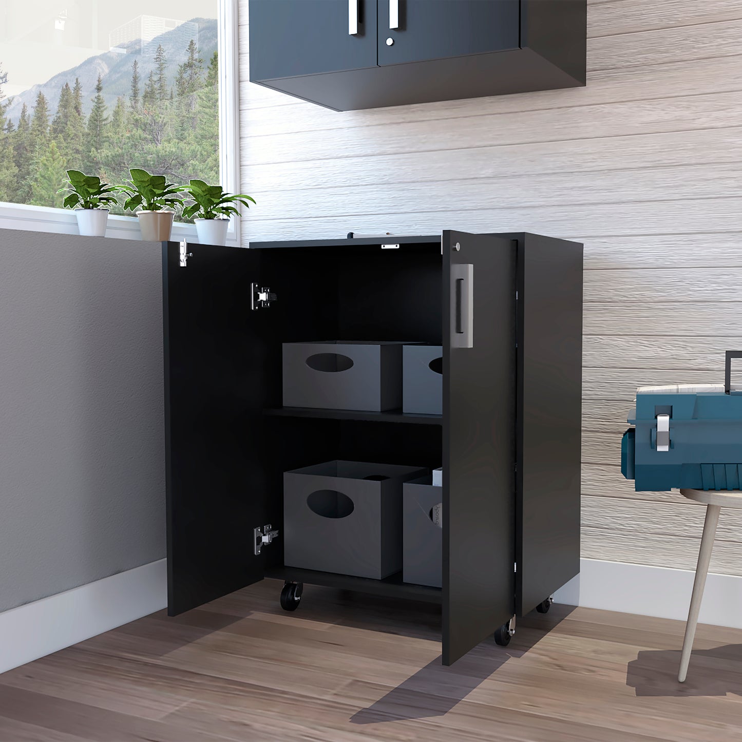 Casters Storage Cabinet Double Door - Black