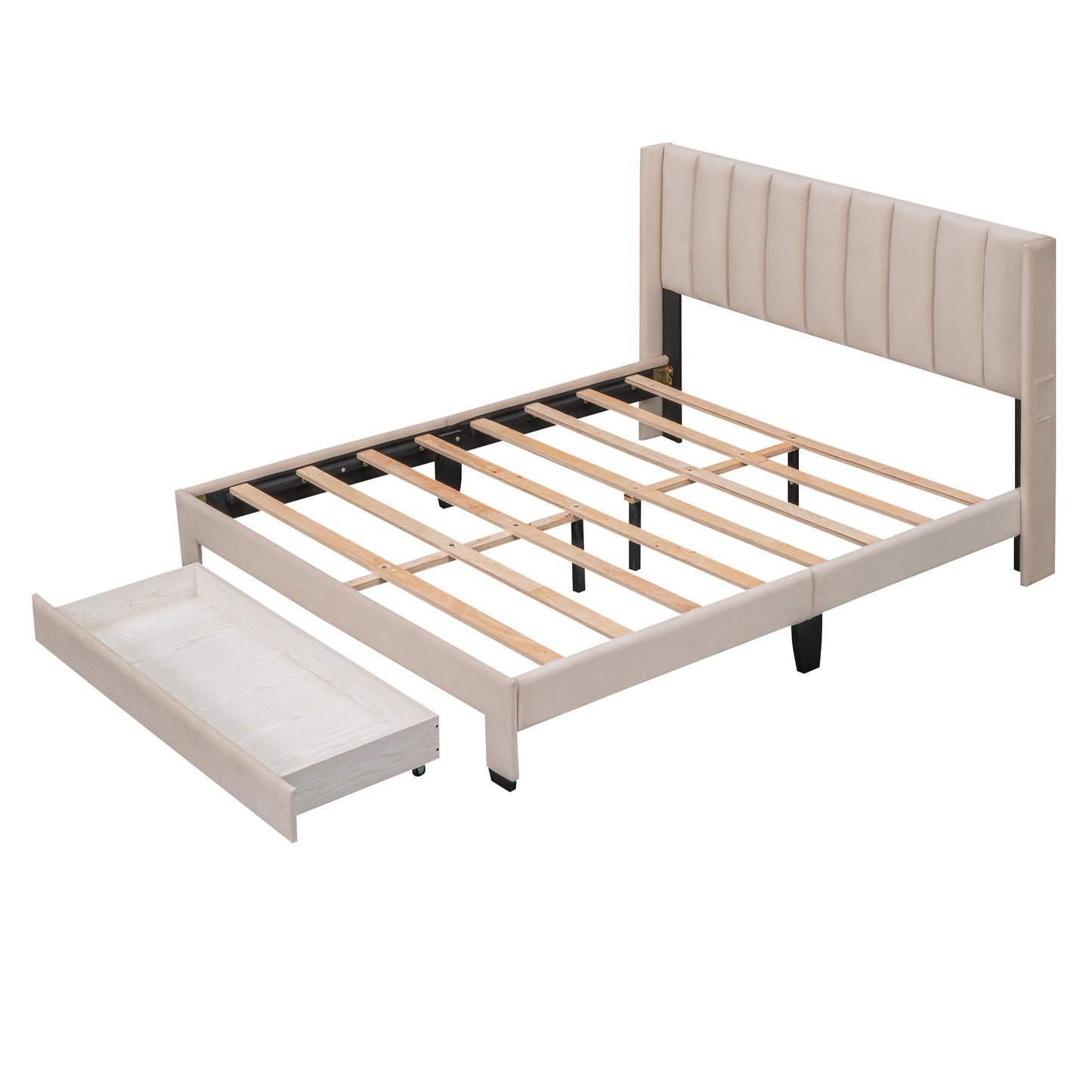 Shona Queen Size Velvet Platform Bed Frame - Beige