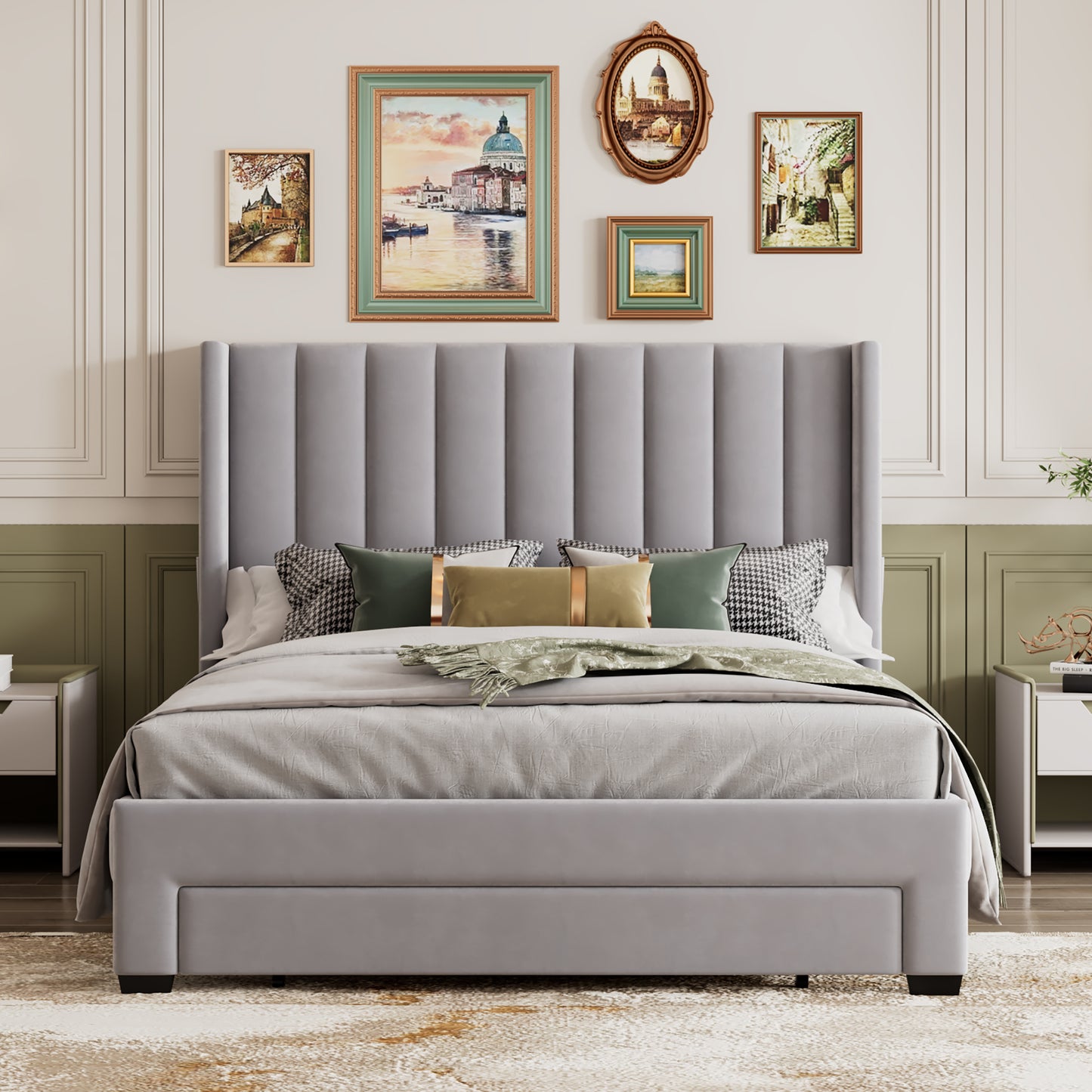 Shona Queen Size Velvet Platform Bed Frame - Gray