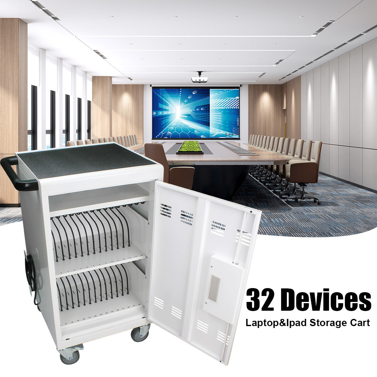 Mobile Charging Cart and Cabinet With Combination Lock - White
