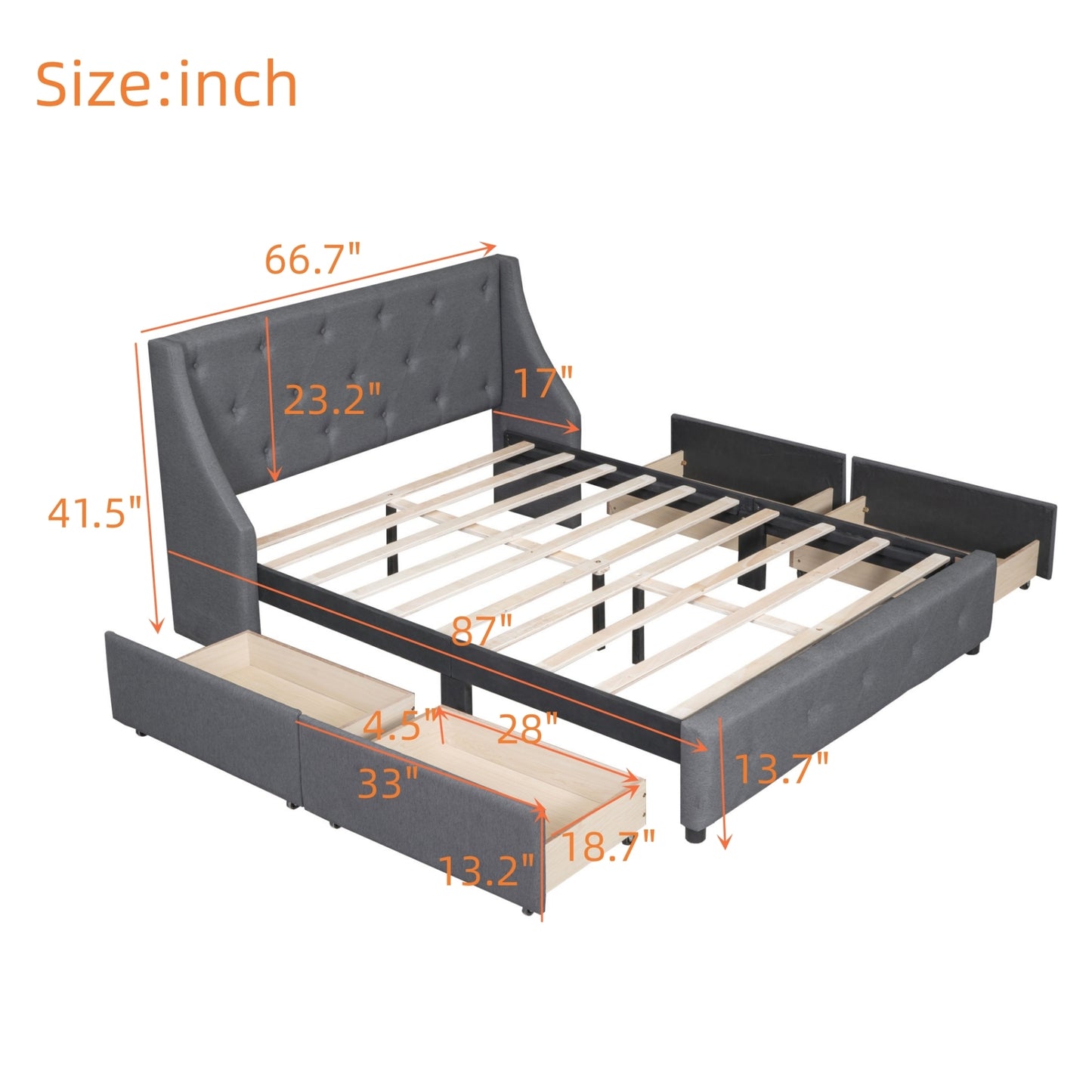 Jamu Queen Size Platform Bed with Wingback Headboard - Gray