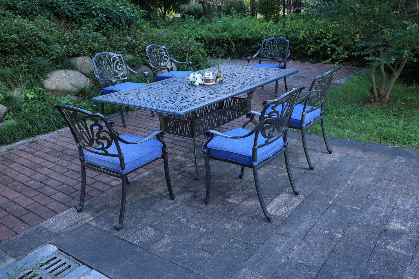Otero 7 Pc 84.25" Aluminum Rectangular Dining Set with Cushions - Navy Blue