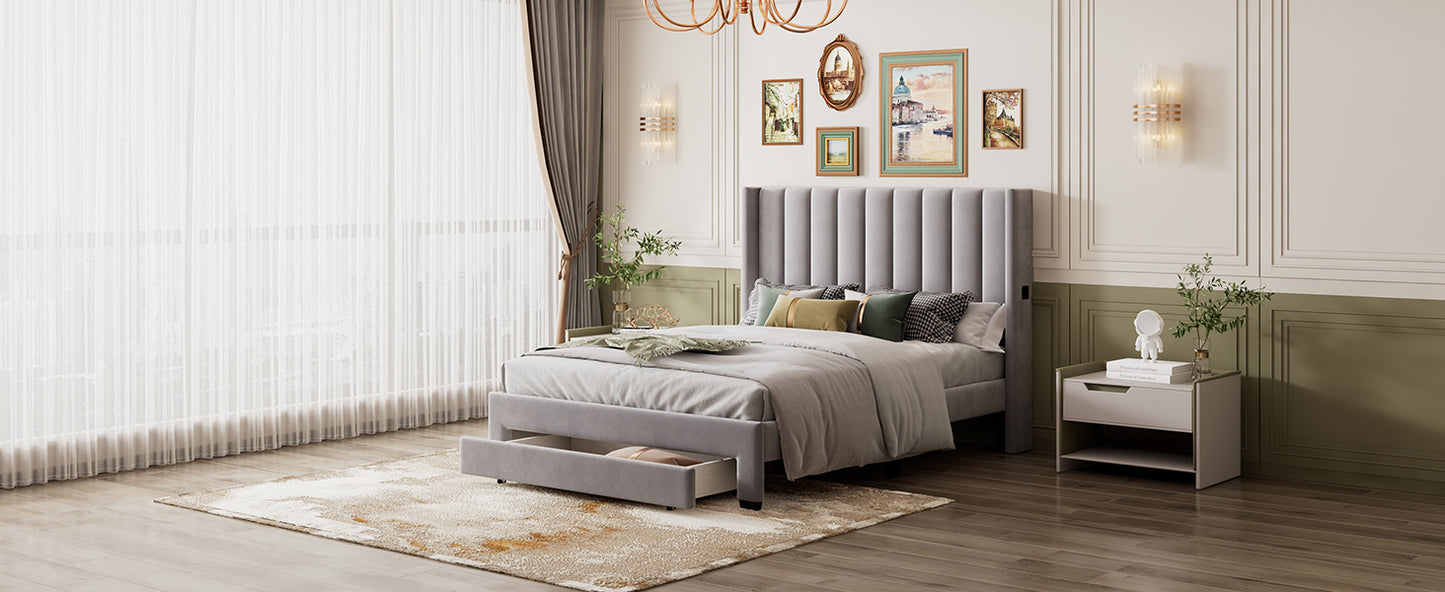 Shona Queen Size Velvet Platform Bed Frame - Gray