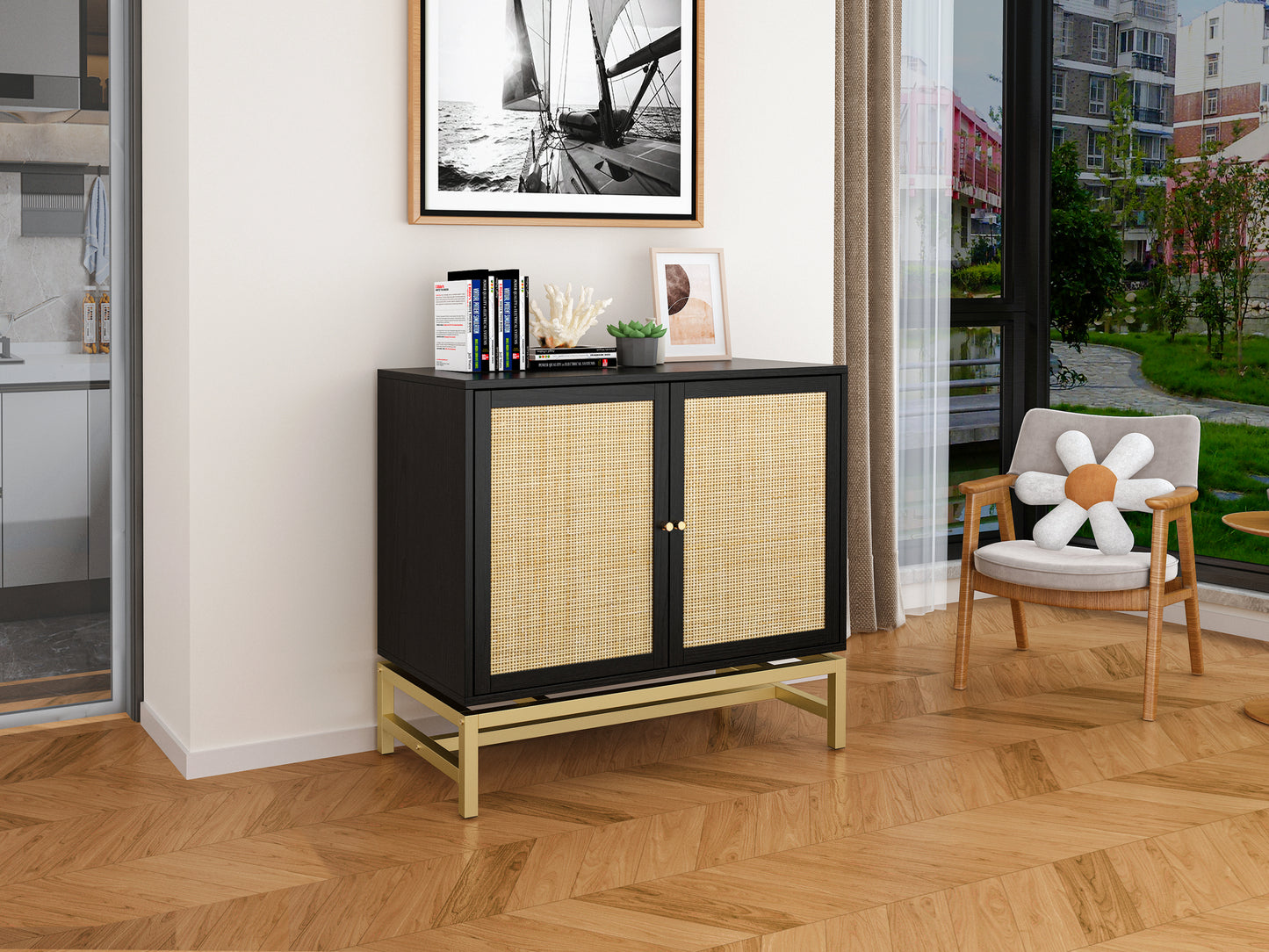 Rattan Black Frame Cabinet