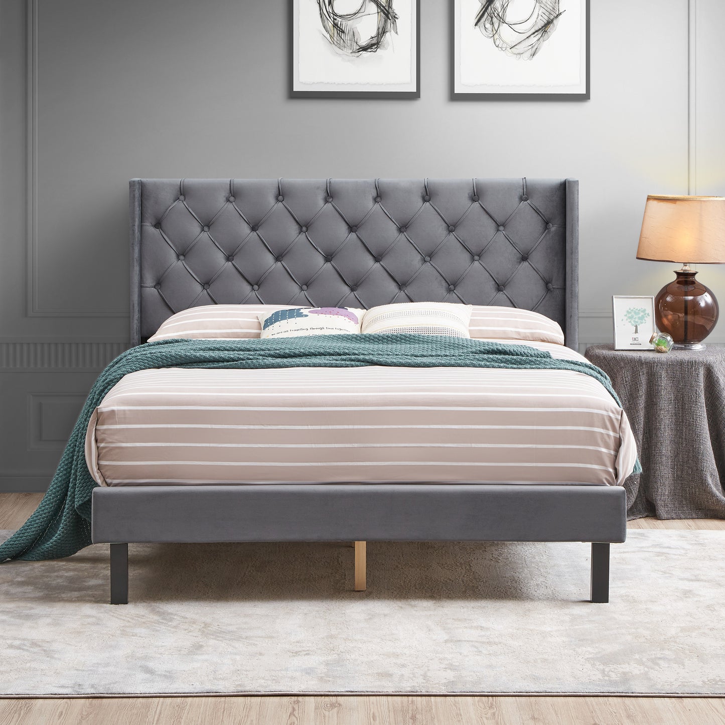 EleganceRest Velvet Winged Queen Bed