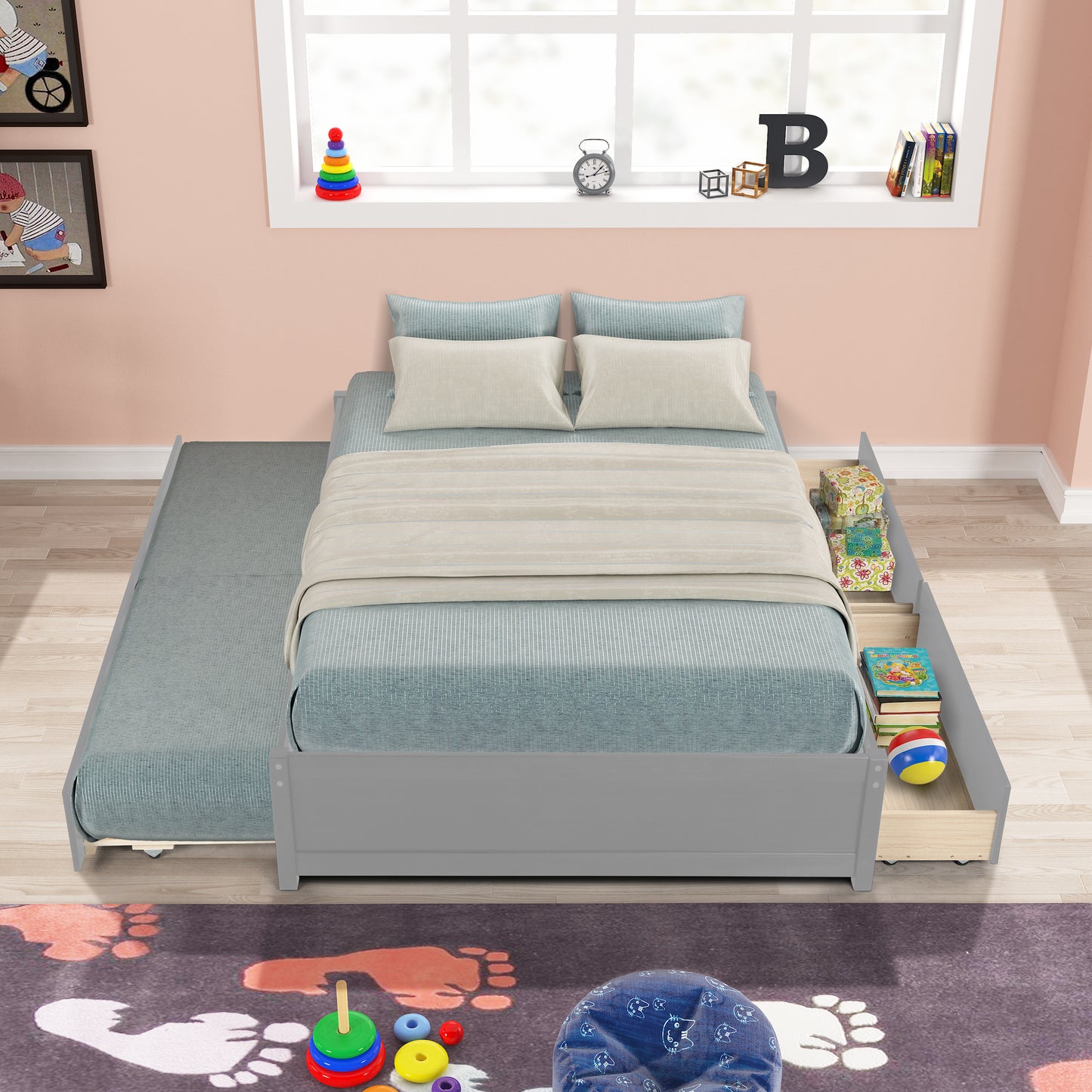 Trundle Max Twin Bed with Storage Drawers - Gray