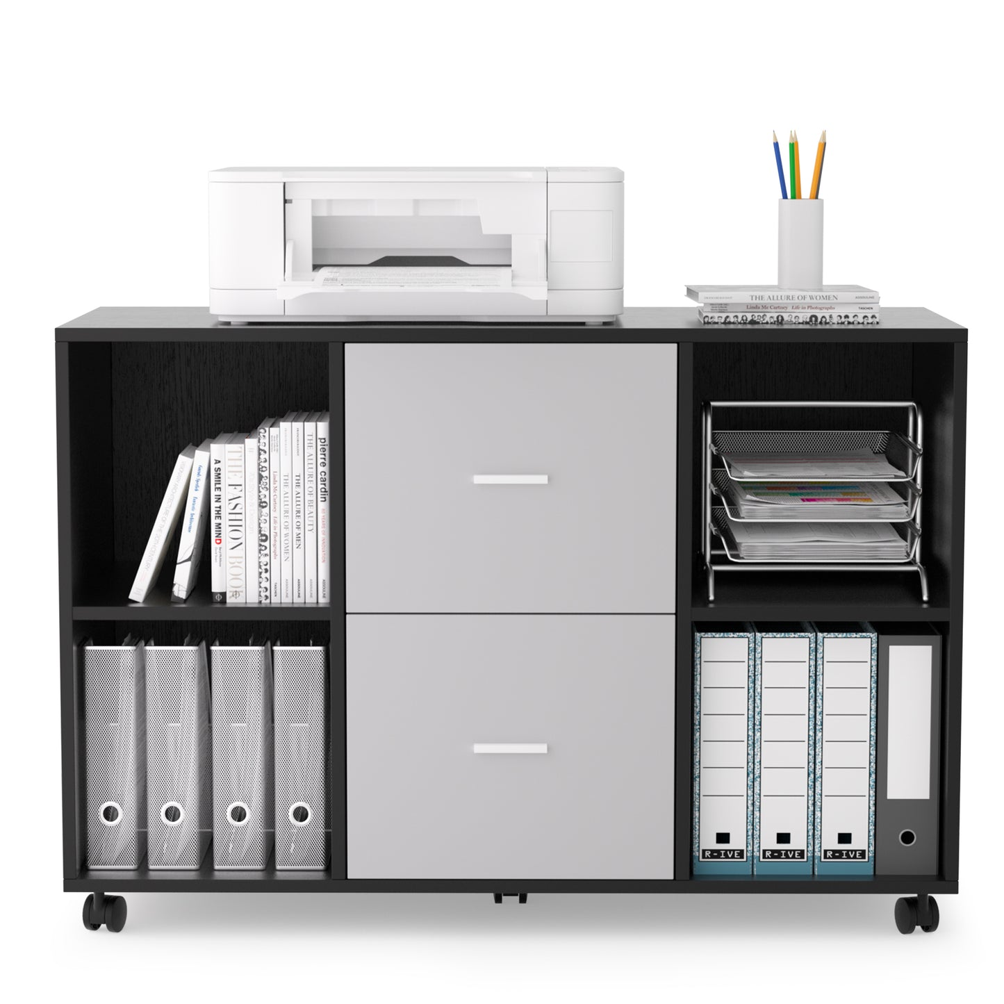 Mobile Wood File Cabinet 2-Drawer 4 open storage - Light Grey