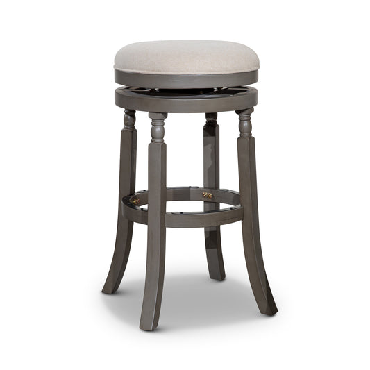 30" Bar Stool, Gray Finish, Beige Fabric Seat