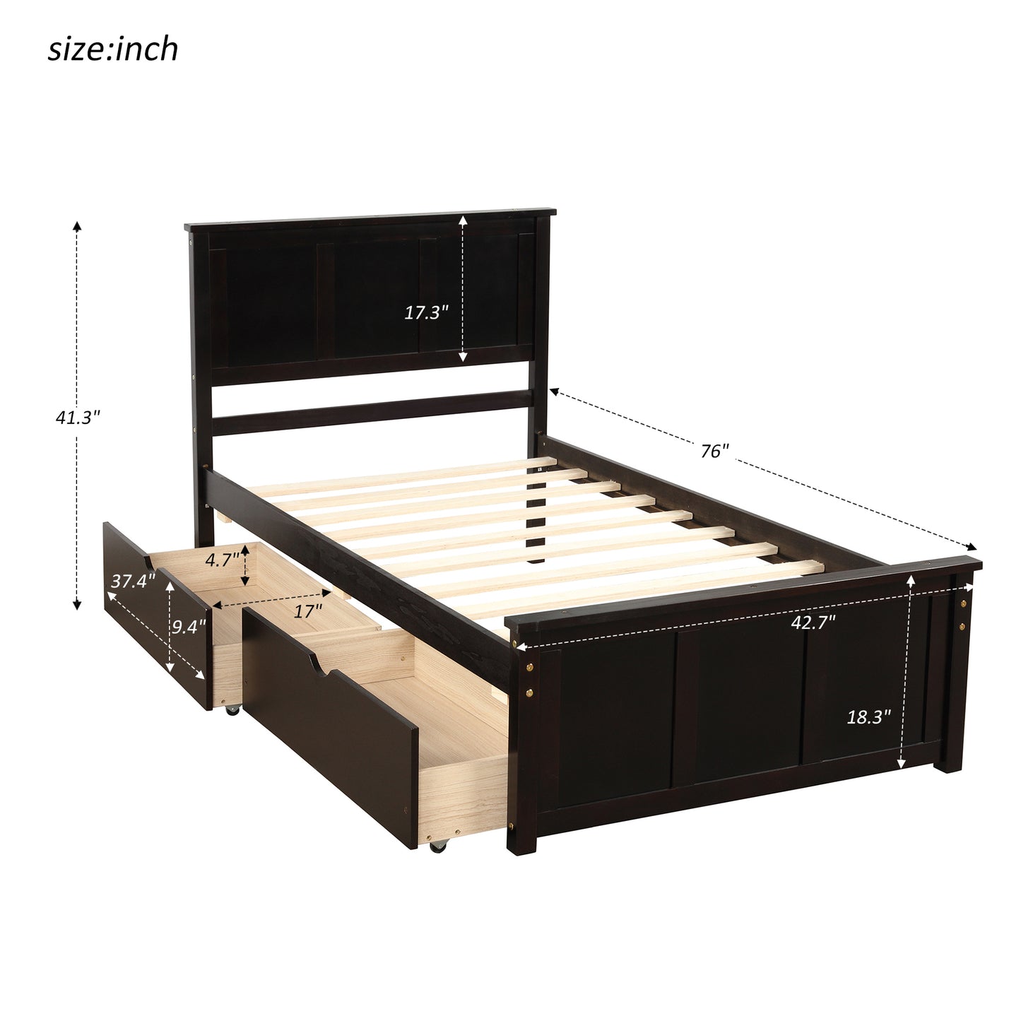 Iso Twin Size Platform Bed with 2 under-bed drawers - Espresso