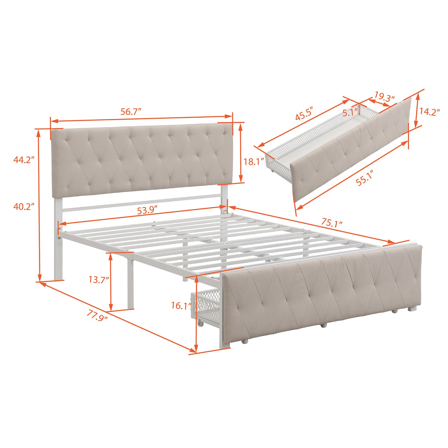 Apex Full Size Storage Bed Metal Platform Bed with Drawer - Beige
