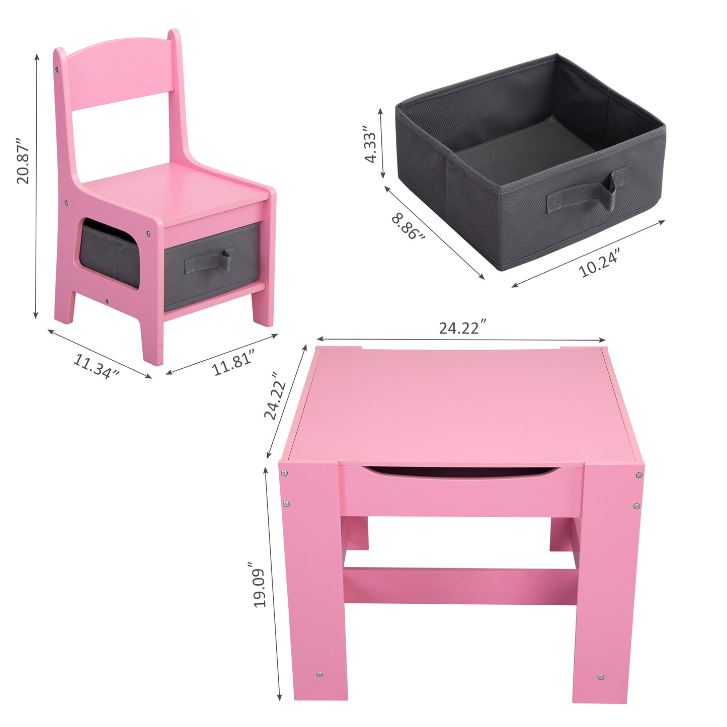 3-in-1 Kids Wood Table and 2 Chairs - Pink