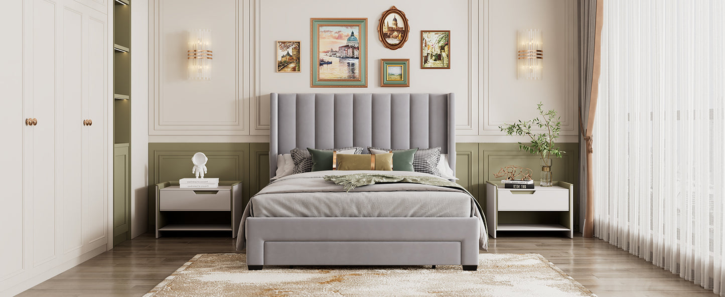 Shona Queen Size Velvet Platform Bed Frame - Gray