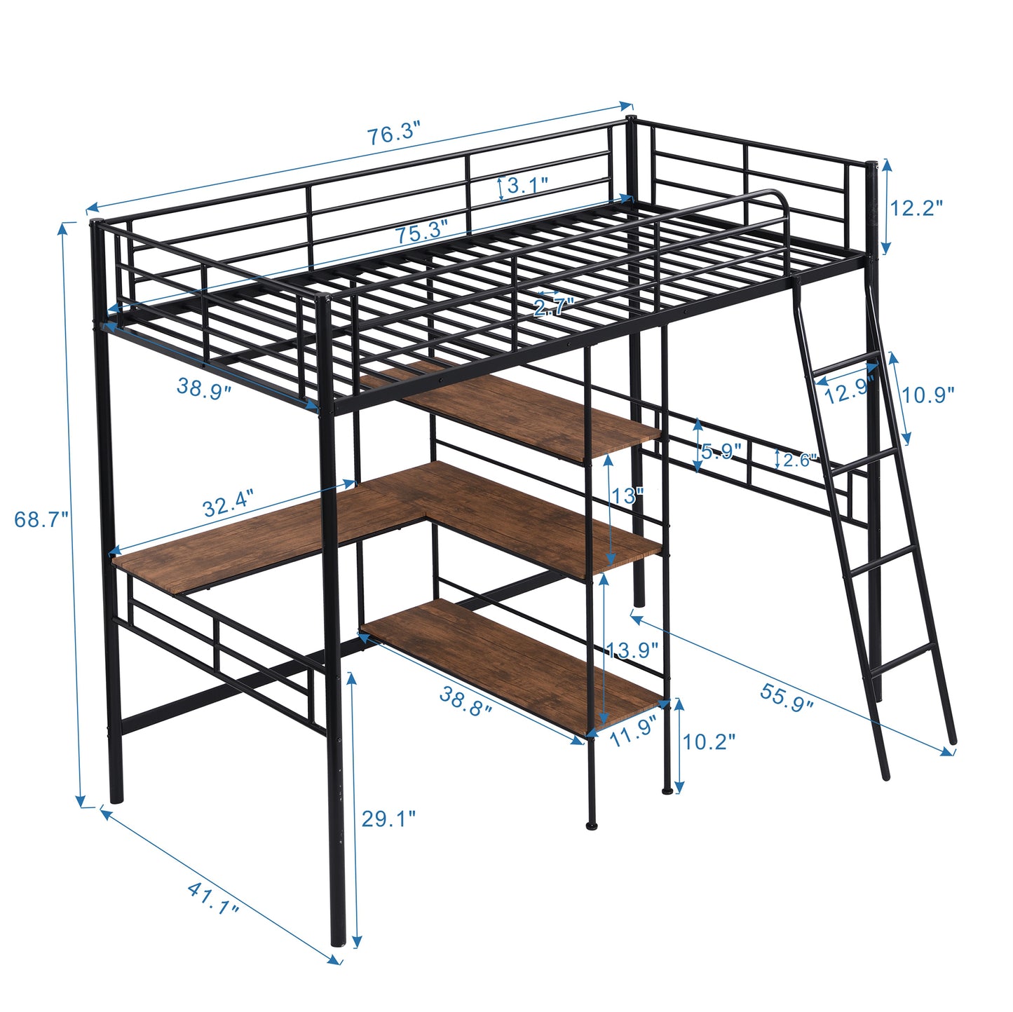 ElevateMax Twin Loft Bed with Desk and Shelves