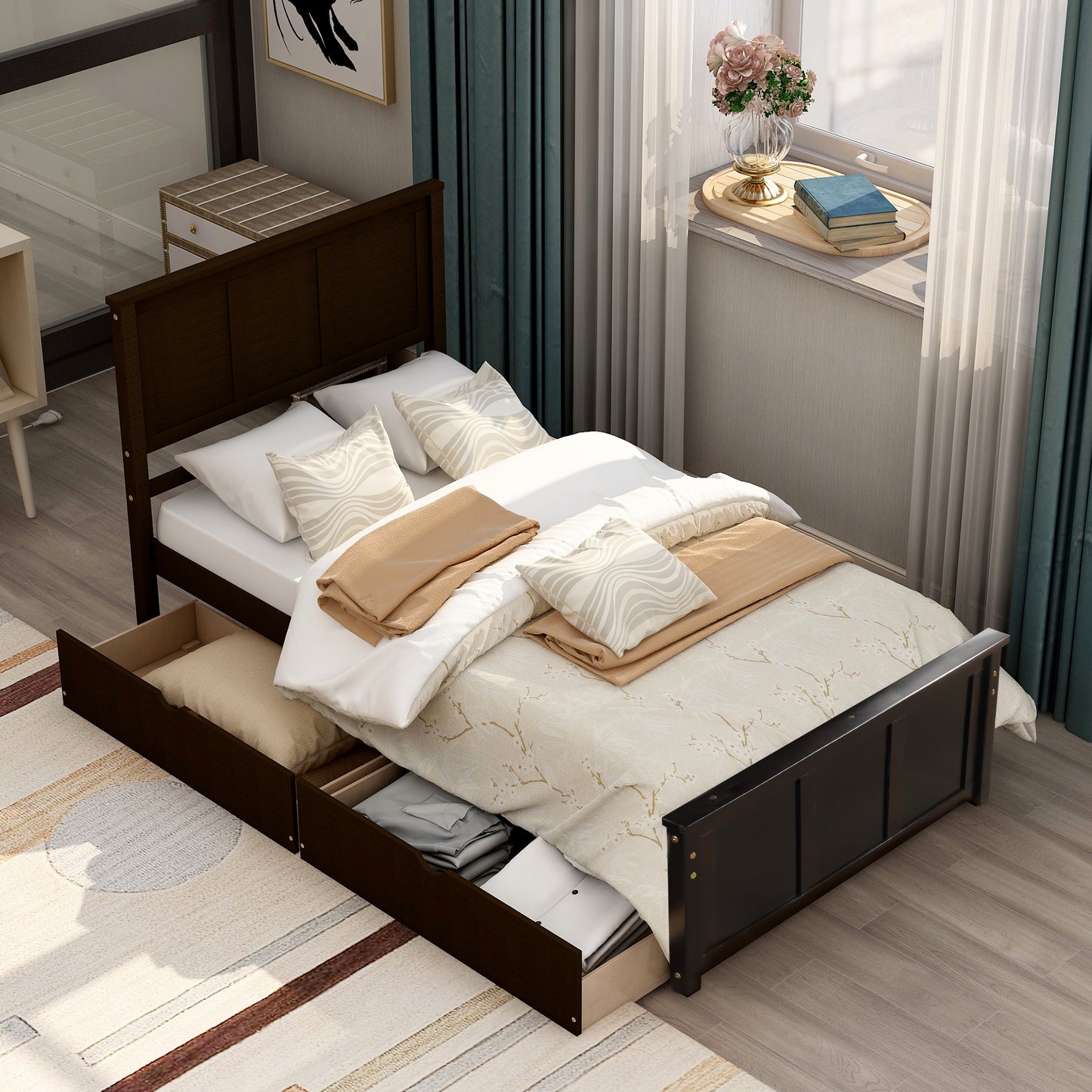 Iso Twin Size Platform Bed with 2 under-bed drawers - Espresso
