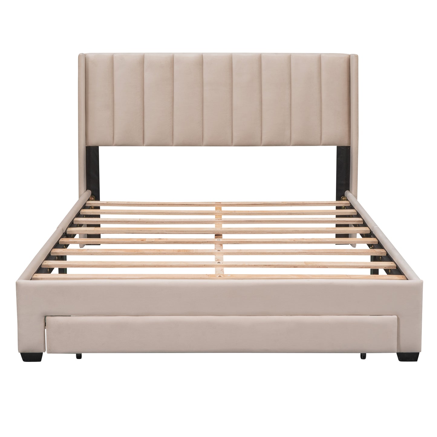 Shona Queen Size Velvet Platform Bed Frame - Beige