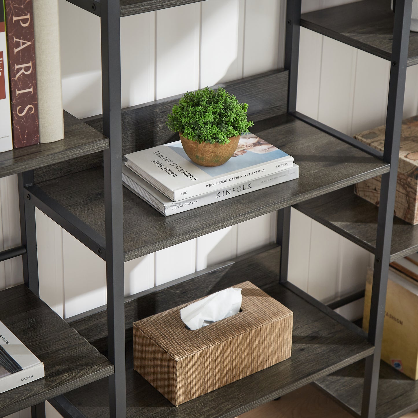 Triple Wide 5-shelf Bookshelves Industrial Retro Wooden Style - Dark Grey