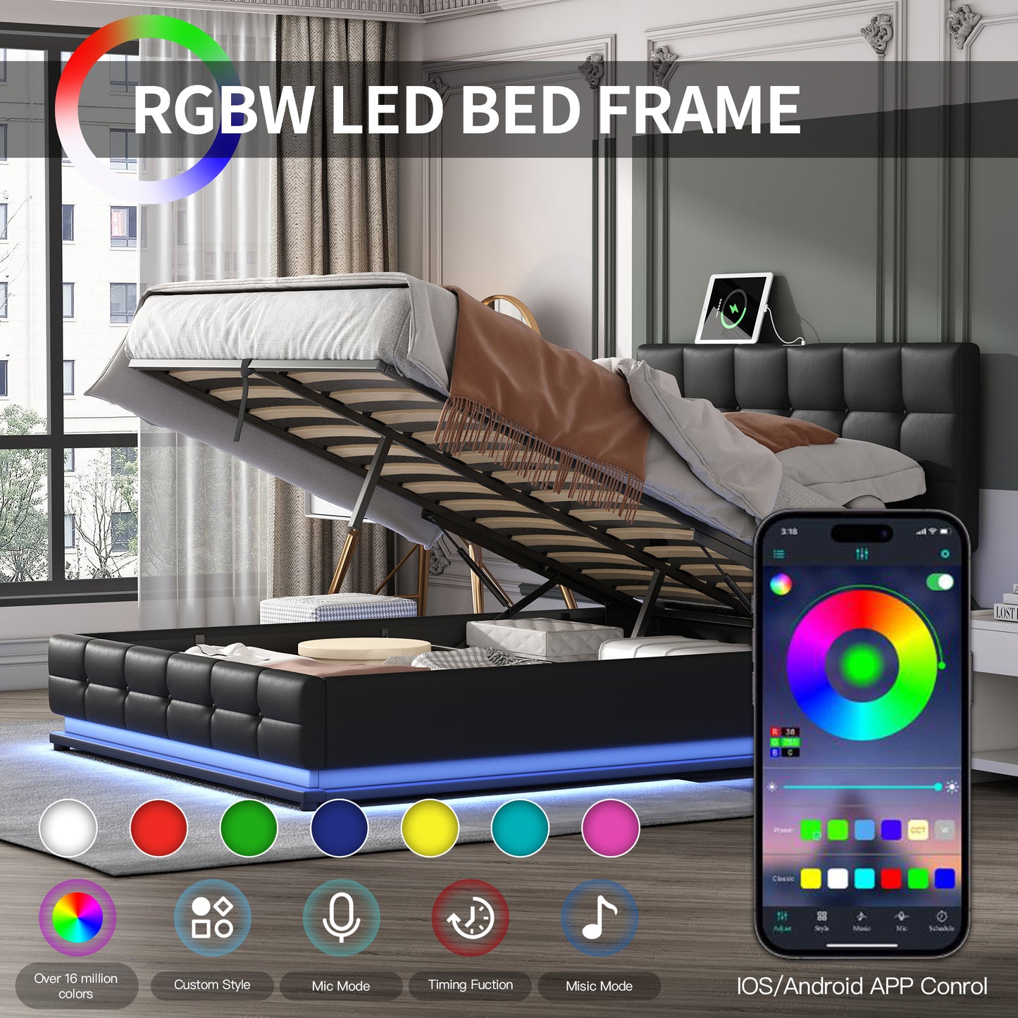 Luxury Dream Queen Bed with Smart Storage and LED Illumination - Black