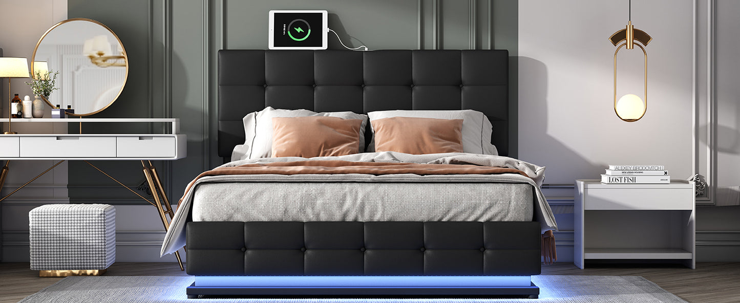 Luxury Dream Queen Bed with Smart Storage and LED Illumination - Black