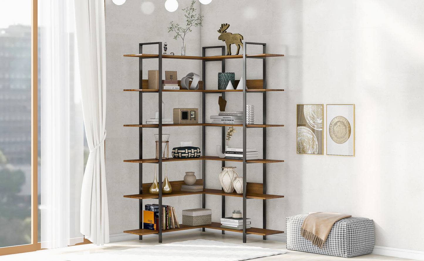 Stainless Steel Frame Corner 6-tier Shelves - Brown