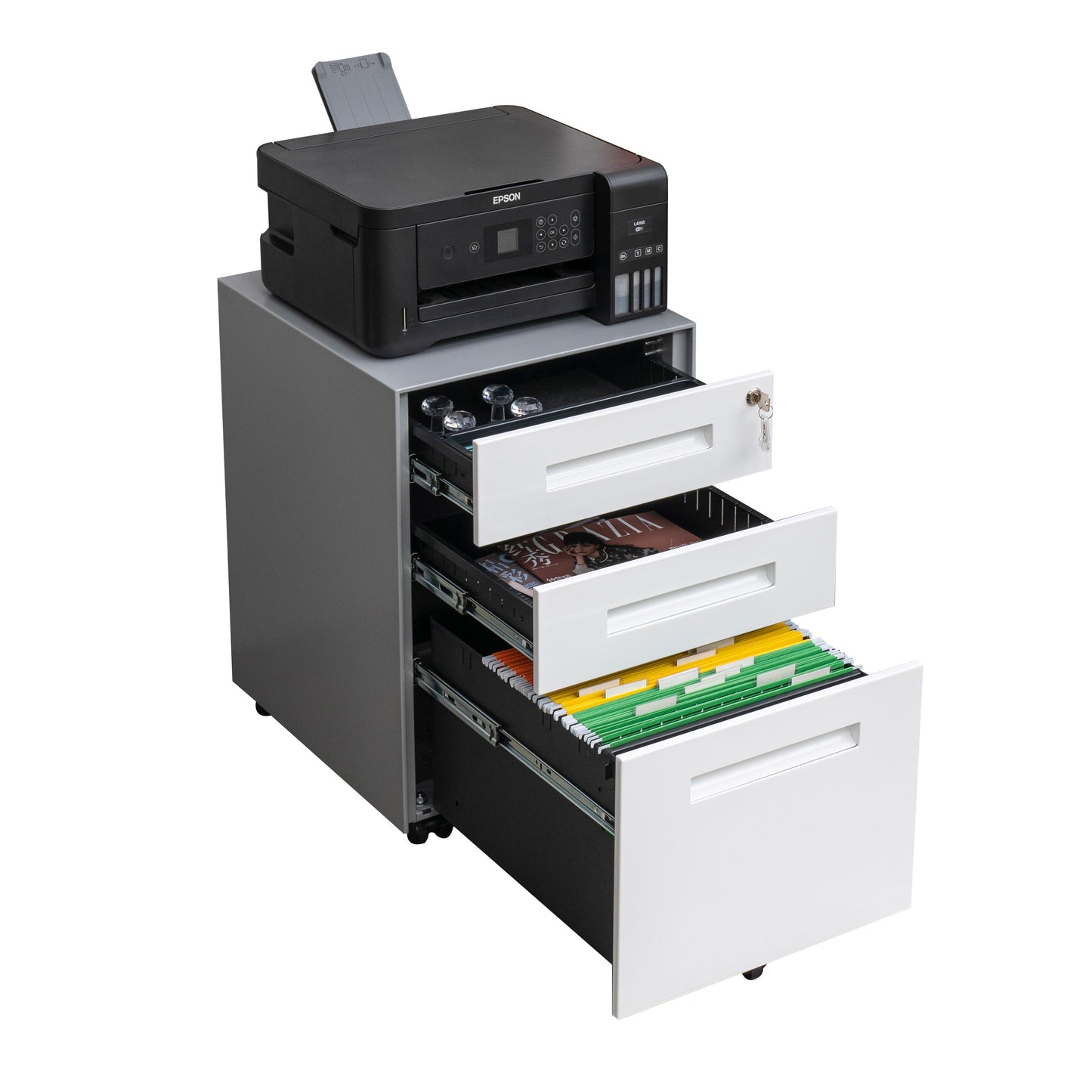 Compact 3 Drawer Mobile File Cabinet - White+Grey