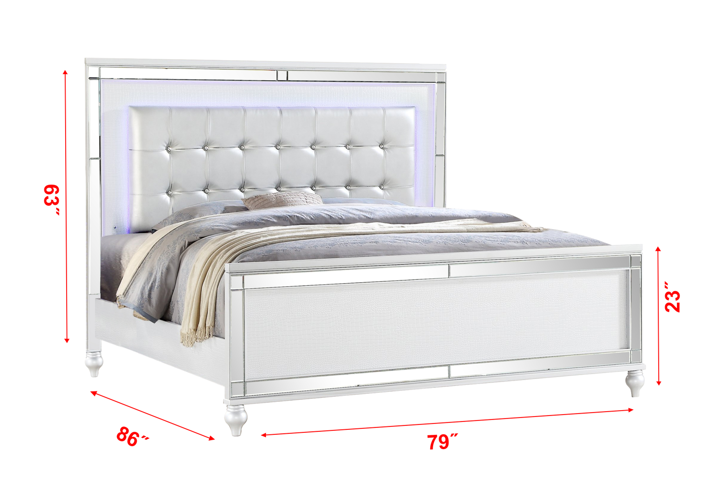 Galaxy King Size Upholstered LED Bed - White