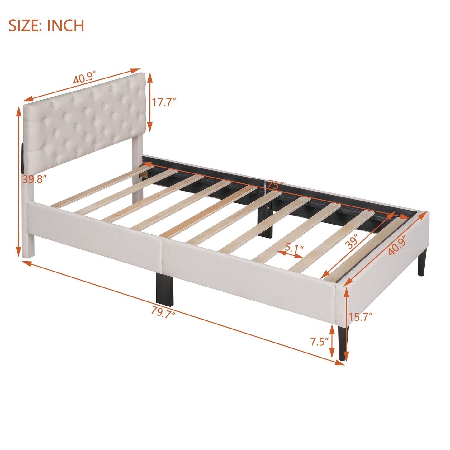 Ukin Twin Size Upholstered Linen Platform Bed - Beige