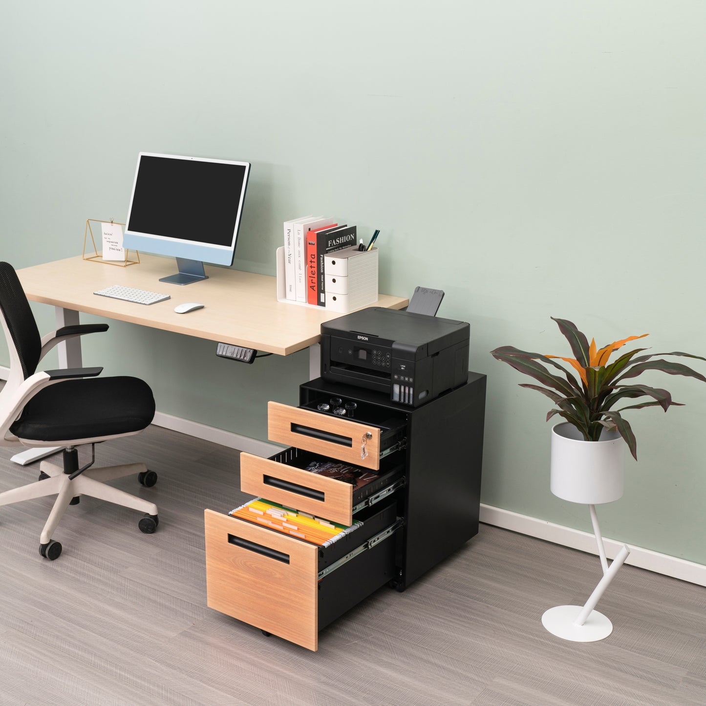 Compact 3 Drawer Mobile File Cabinet - Walnut + Black