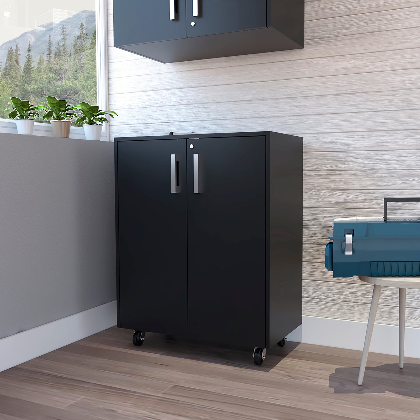 Casters Storage Cabinet Double Door - Black