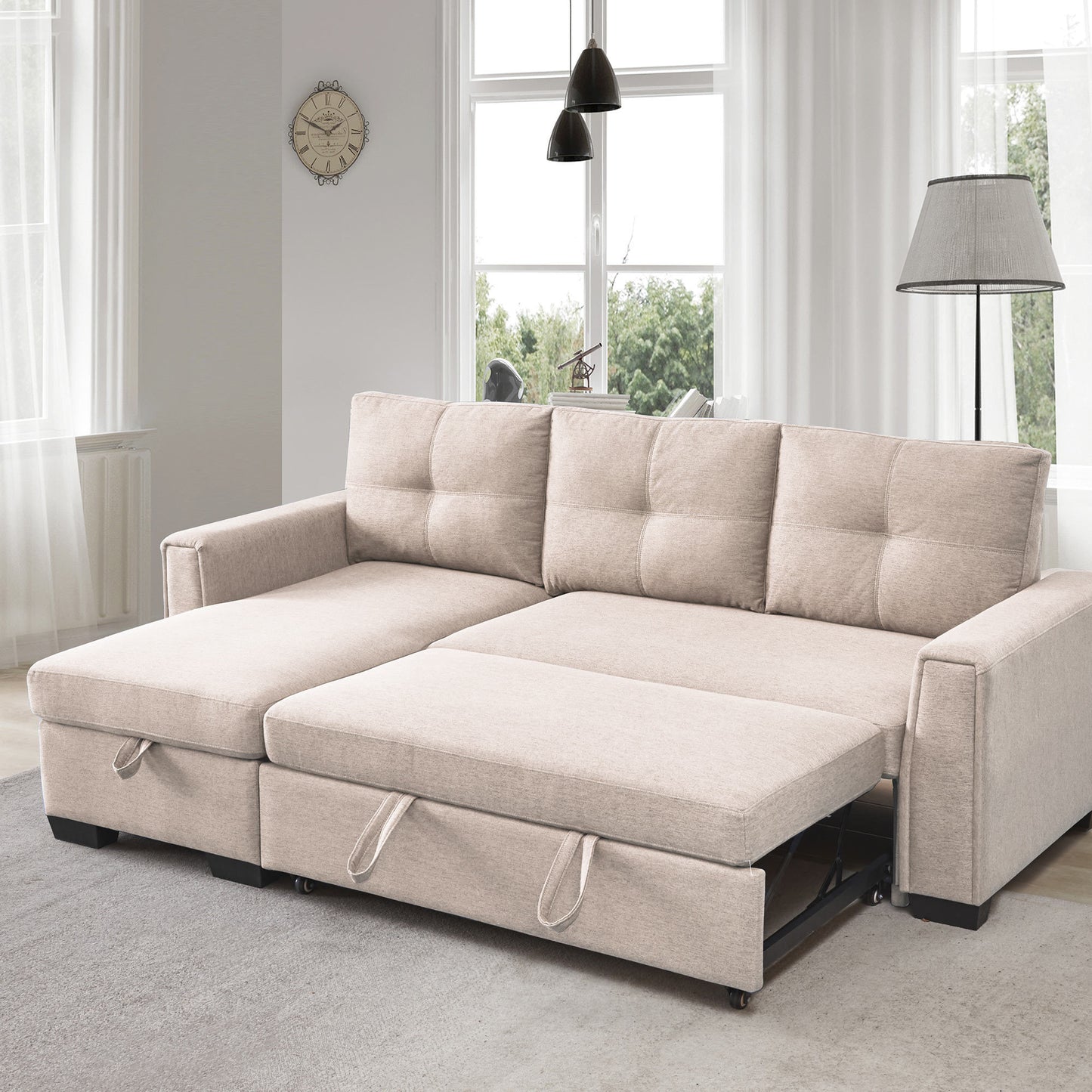 Panora L-Shape Pull-Out Sleeper Sectional Sofa - Beige