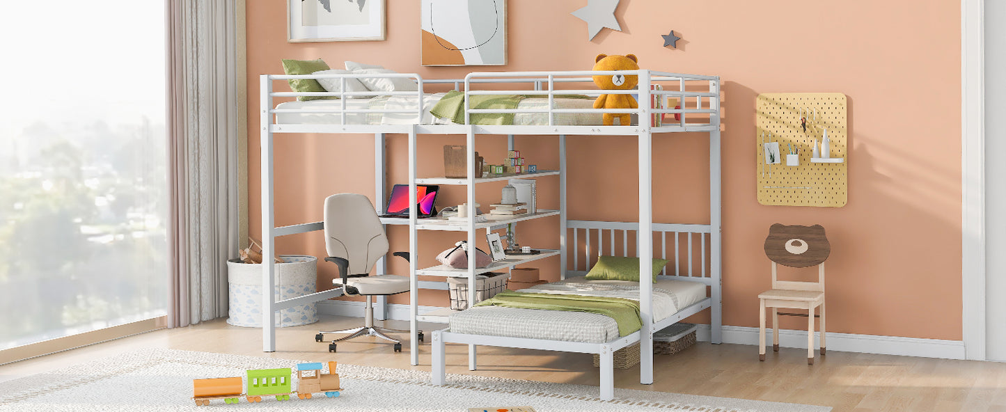 Harmony Haven Twin Loft Bed with Integrated Desk, Storage, and Staircase, Snow White