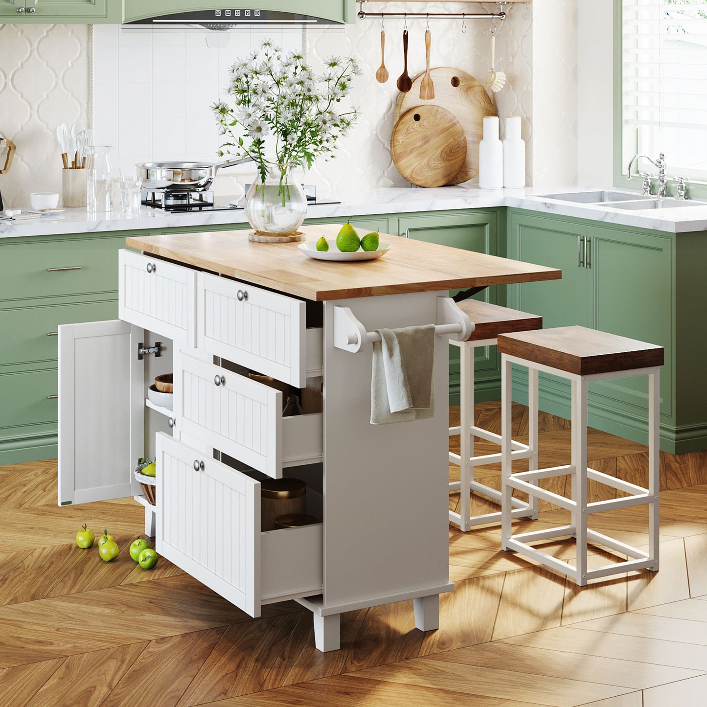 TOPMAX Kitchen Island Set with 2 Seatings - White