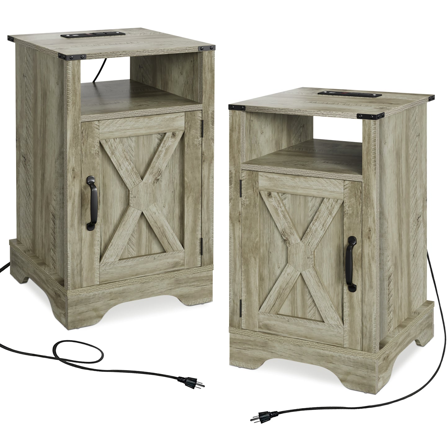 X Wooden Nightstand with Electrical Outlets Charging Station (2 Sets) - Light Gray