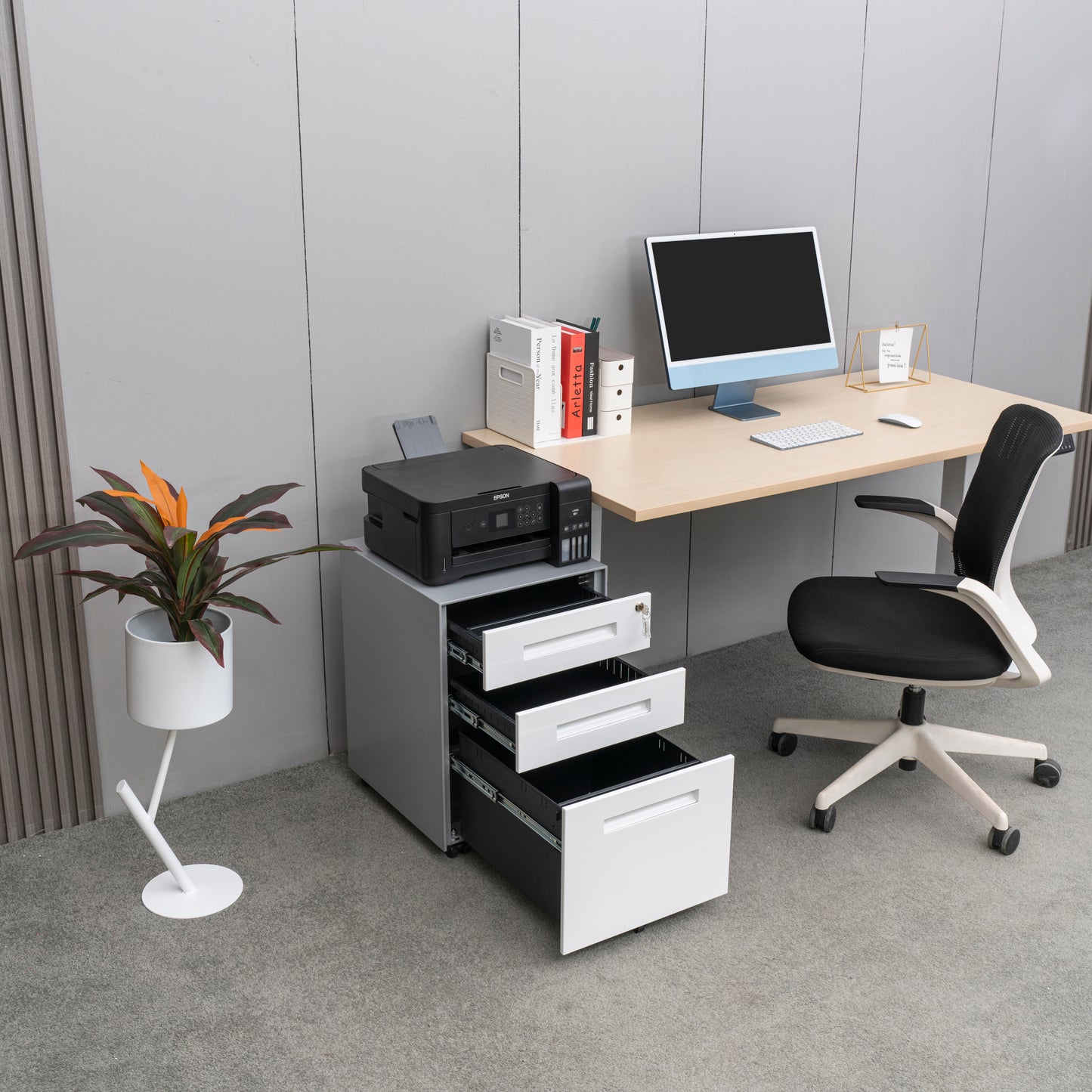 Compact 3 Drawer Mobile File Cabinet - White+Grey