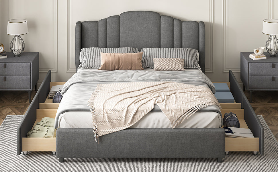 Mali Queen Size Platform Bed with Wingback Headboard - Gray