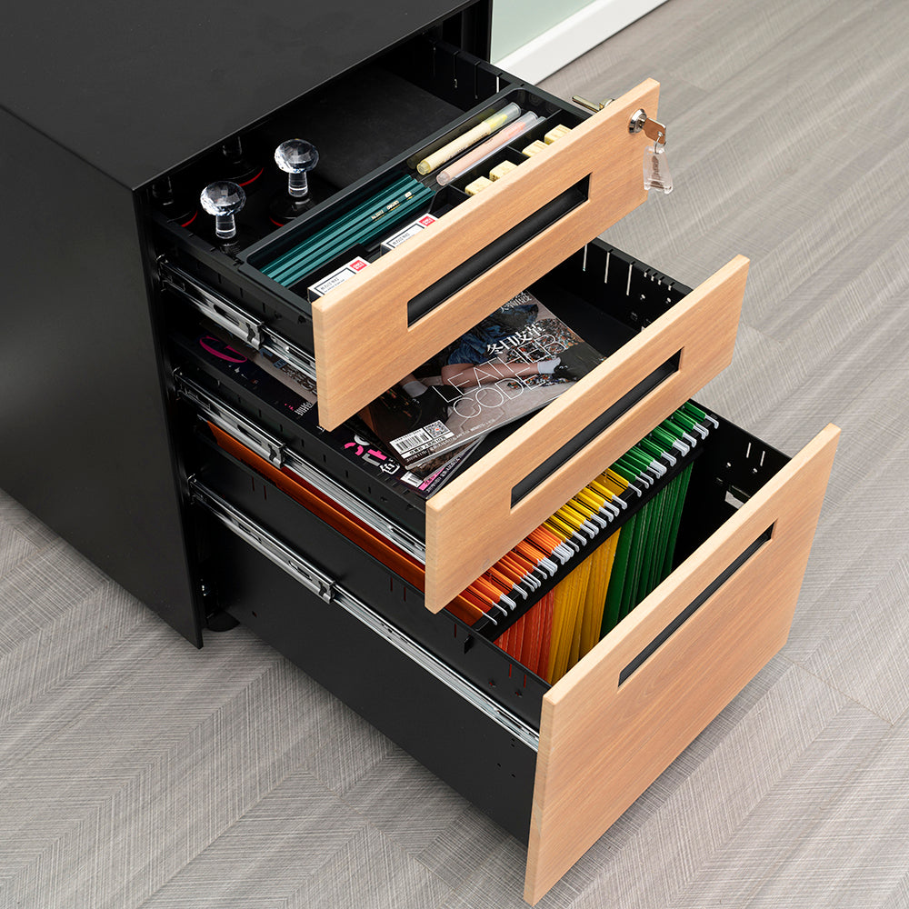 Compact 3 Drawer Mobile File Cabinet - Walnut + Black