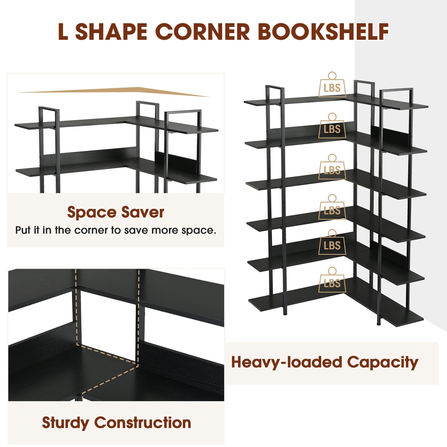 Stainless Steel Frame Corner 6-tier Shelves - Black