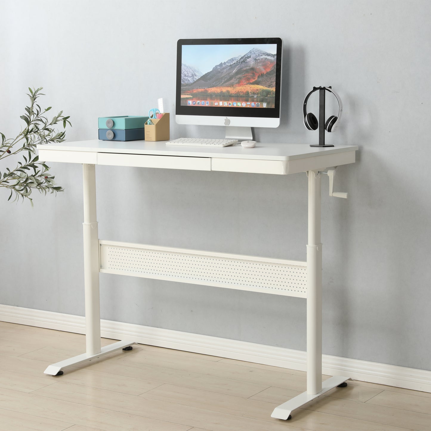 Standing Desk with Metal Drawer Adjustable Height (White Tabletop)