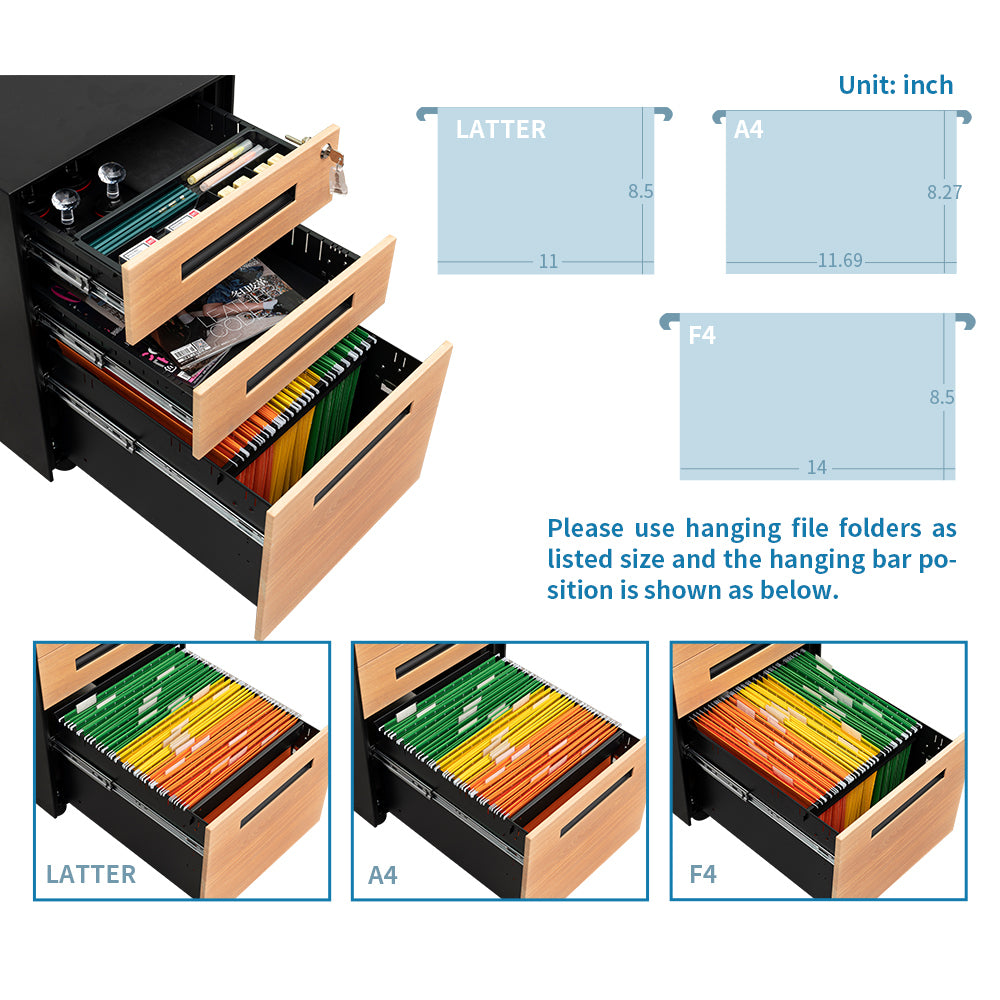 Compact 3 Drawer Mobile File Cabinet - Walnut + Black