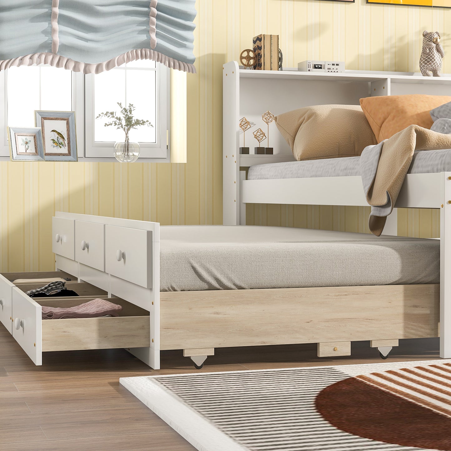White Haven Full Bed with Bookcase, Twin Trundle, and Drawers