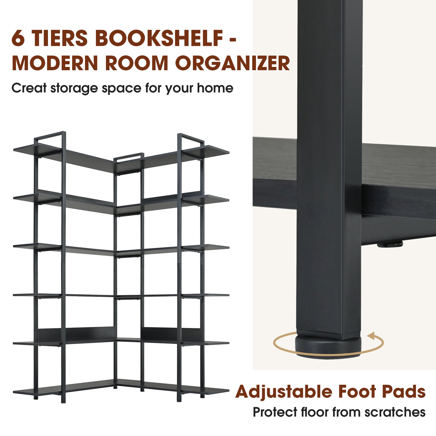 Stainless Steel Frame Corner 6-tier Shelves - Black