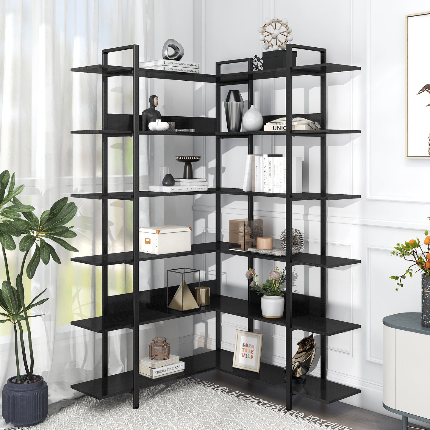 Stainless Steel Frame Corner 6-tier Shelves - Black