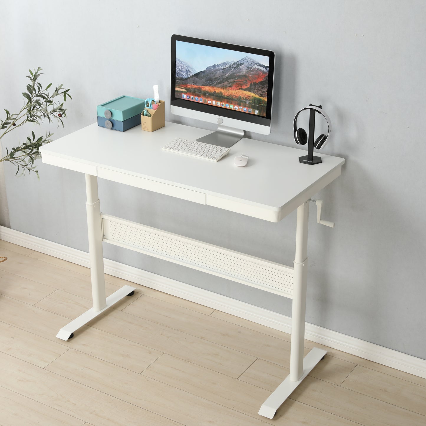 Standing Desk with Metal Drawer Adjustable Height (White Tabletop)