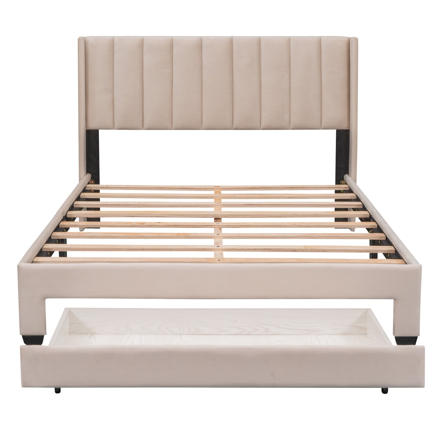 Shona Queen Size Velvet Platform Bed Frame - Beige