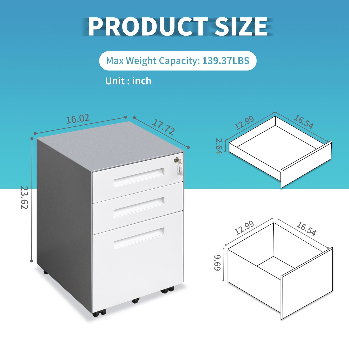 Compact 3 Drawer Mobile File Cabinet - White+Grey