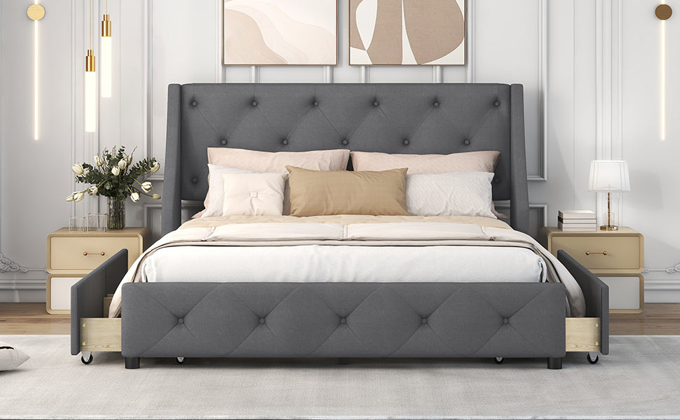 Jamu Queen Size Platform Bed with Wingback Headboard - Gray