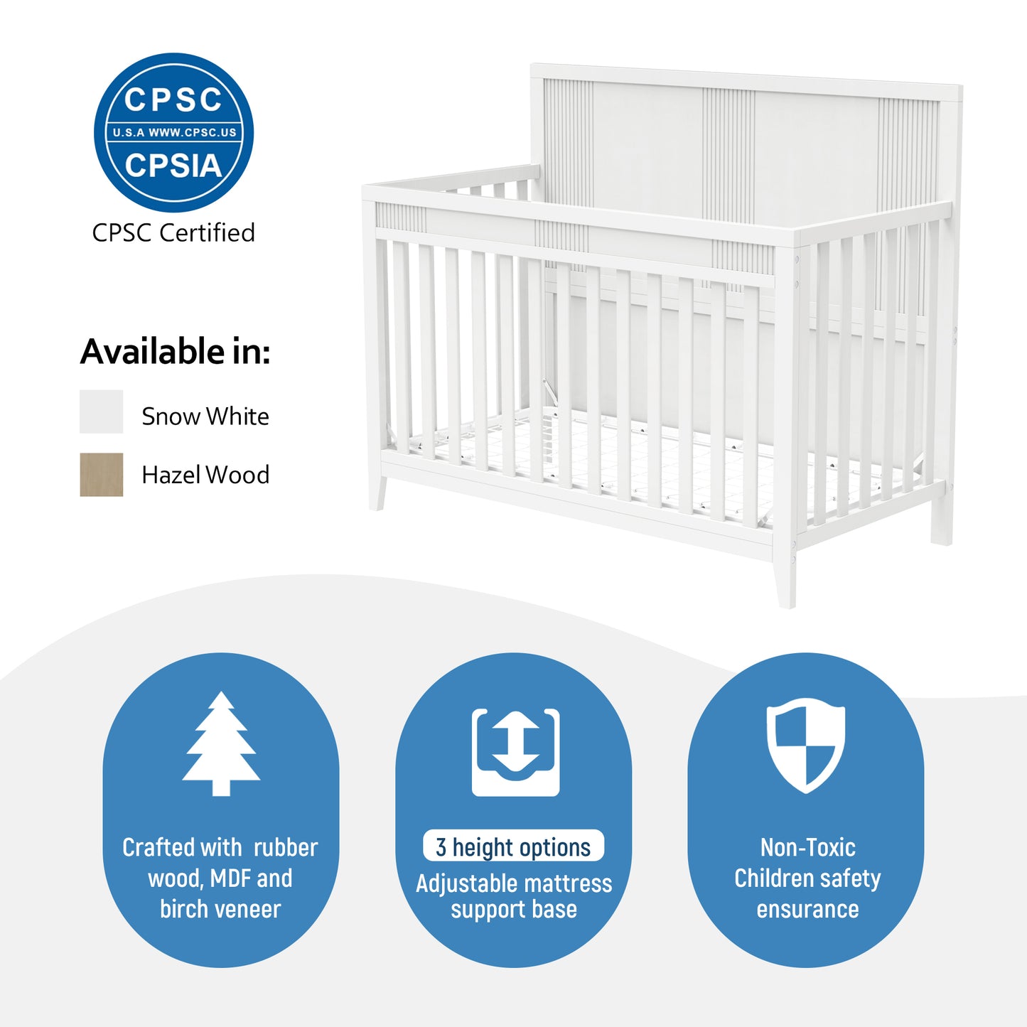 Clean Line Baby Crib Pine Solid Wood Non-Toxic - White