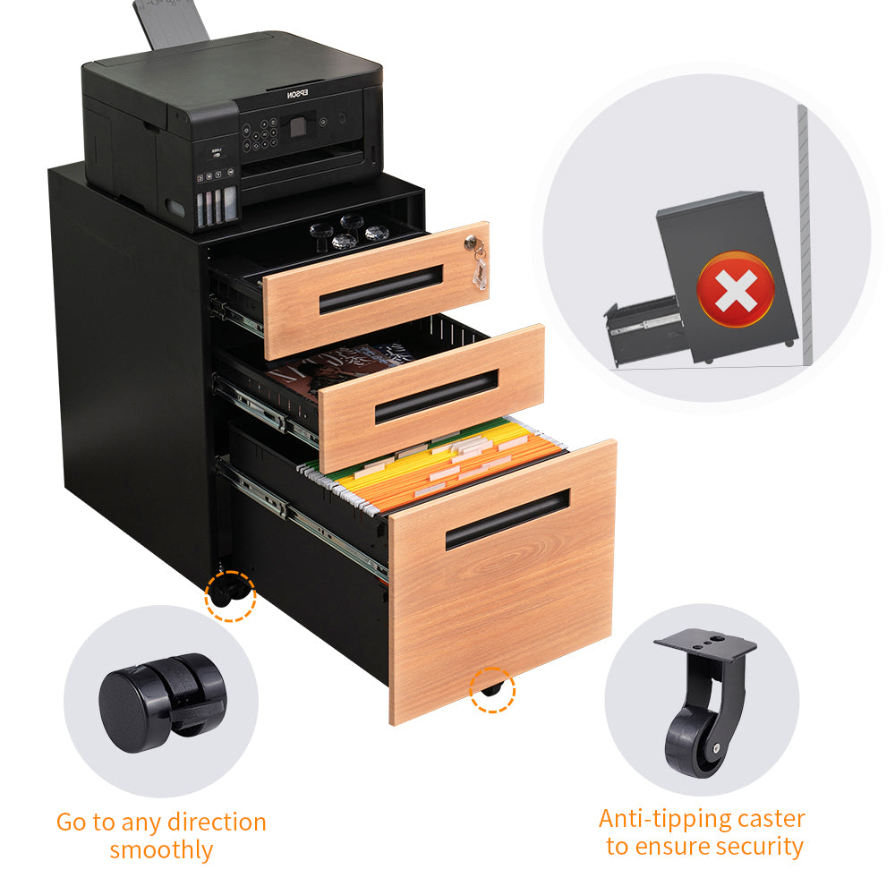 Compact 3 Drawer Mobile File Cabinet - Walnut + Black