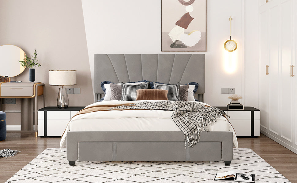 Xavier Queen Size Storage Bed Metal Platform Bed with Drawer - Gray