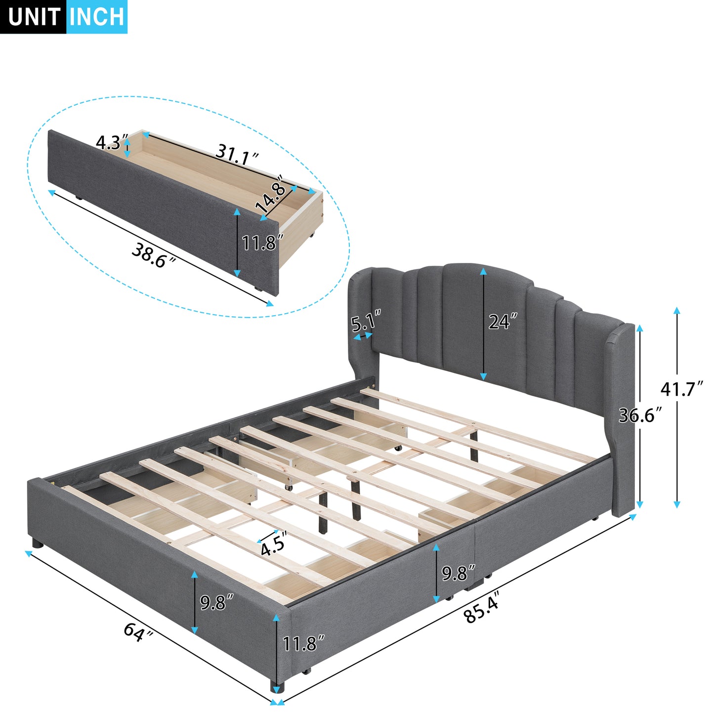 Mali Queen Size Platform Bed with Wingback Headboard - Gray