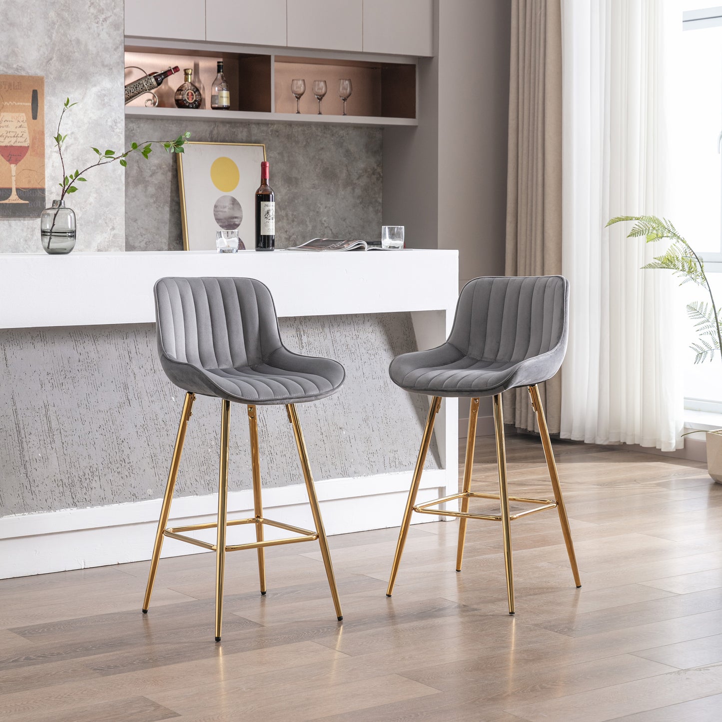26 Inch Vista Bar Stools with Chrome Footrest Velvet Fabric Golden Leg - Gray Set of 2